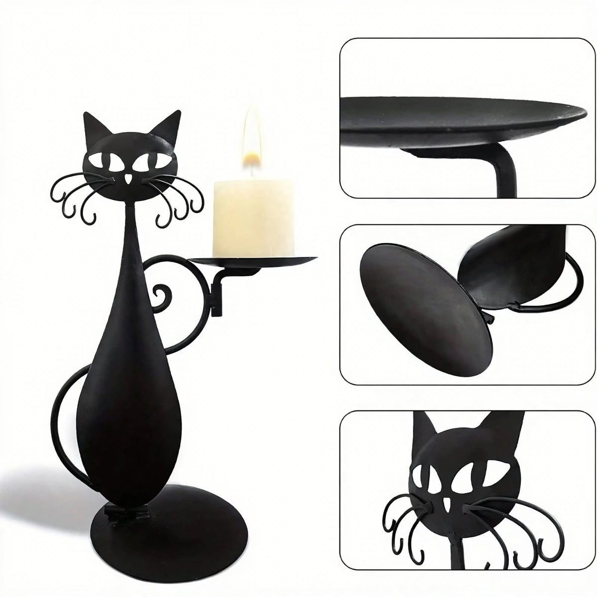 Black Cat Candle Holder - Metal Cat Candlestick for Farmhouse Decor, Desktop Centerpiece