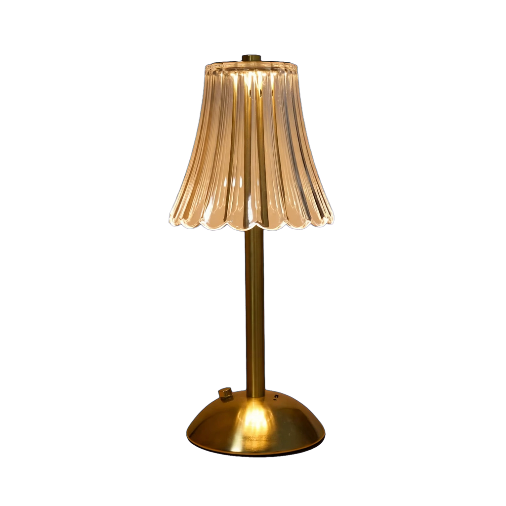 Gold Crystal Table Lamp - Ribbed Glass Table Lamp with Brass Base, Rechargeable