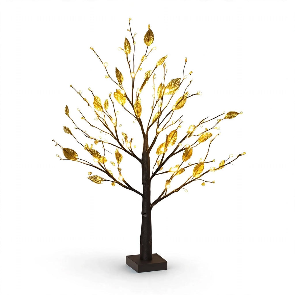 Lighted Tree Lamp - Golden Leaf Table Lamp with Warm LED Lights, USB/Battery Powered