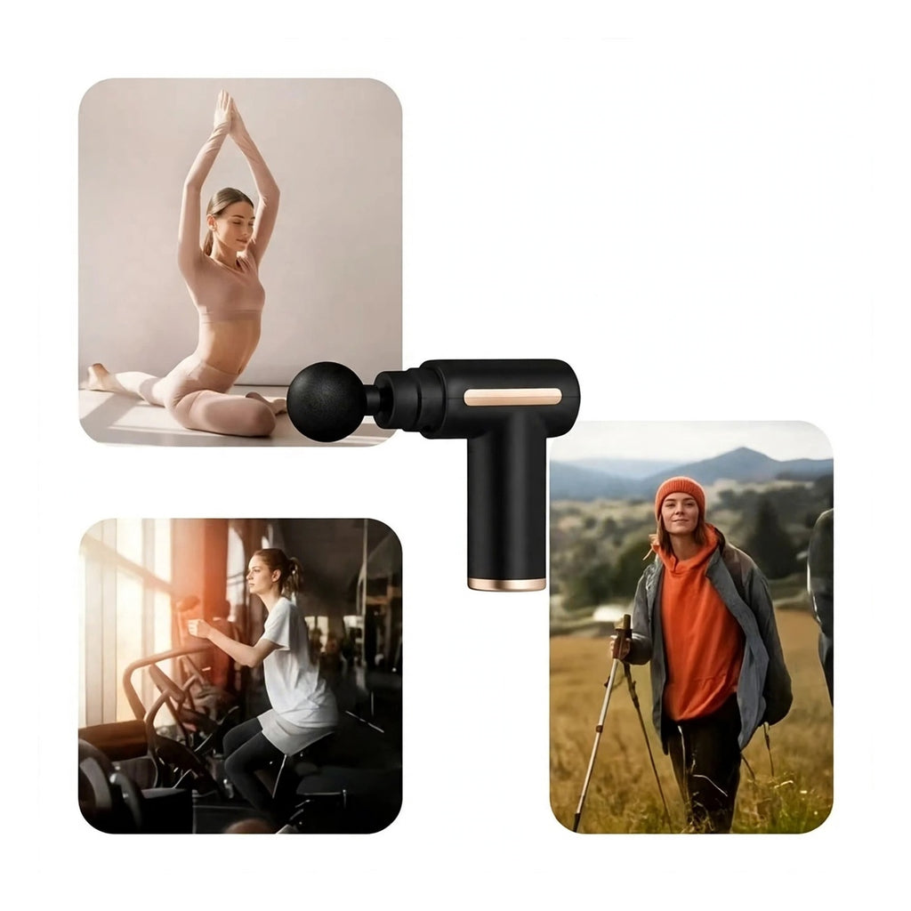 Mini Massage Gun - Deep Tissue Massager - 6 Speed Levels - 4 Heads - Portable