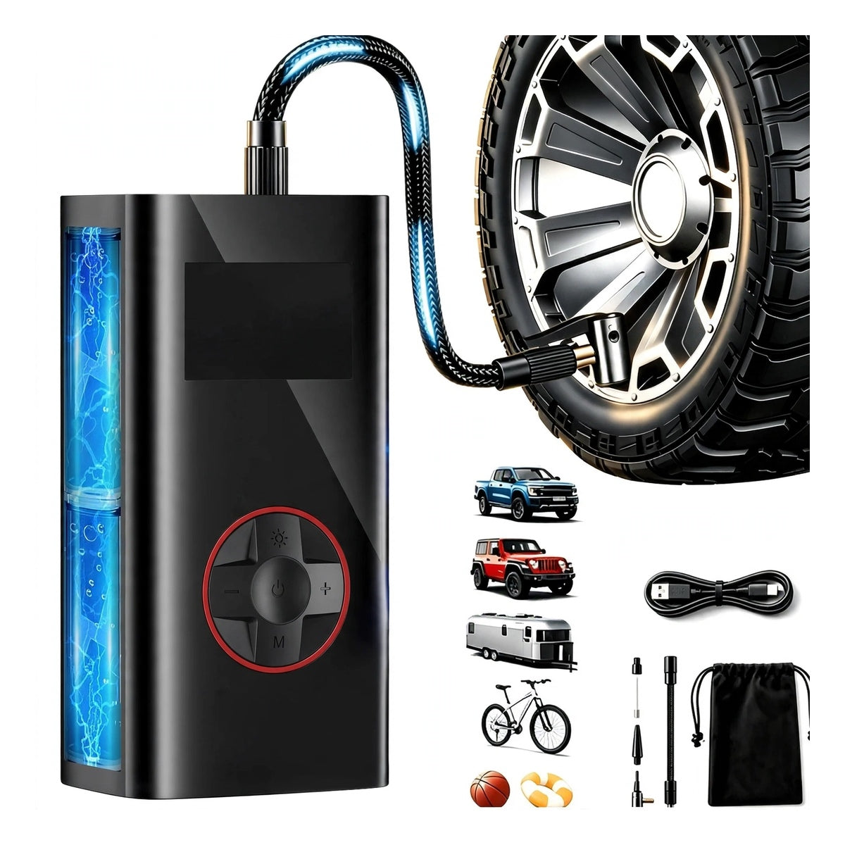 Cordless Tire Inflator Air Compressor 200PSI - LCD Gauge - Bike Car Motorcycle Ball