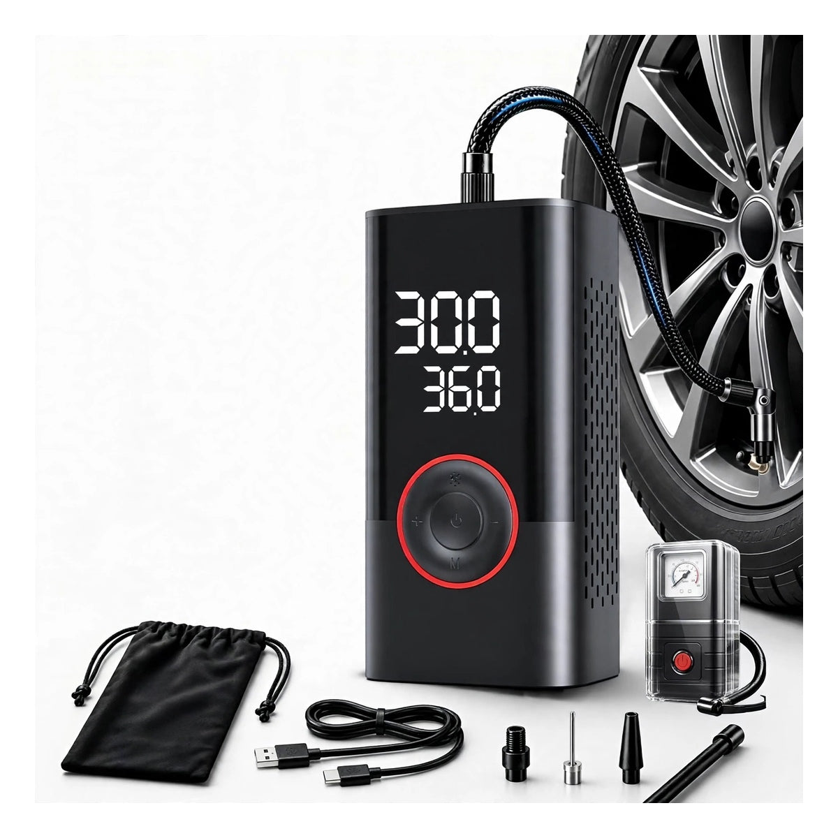 Cordless Tire Inflator Air Compressor 200PSI - LCD Gauge - Bike Car Motorcycle Ball