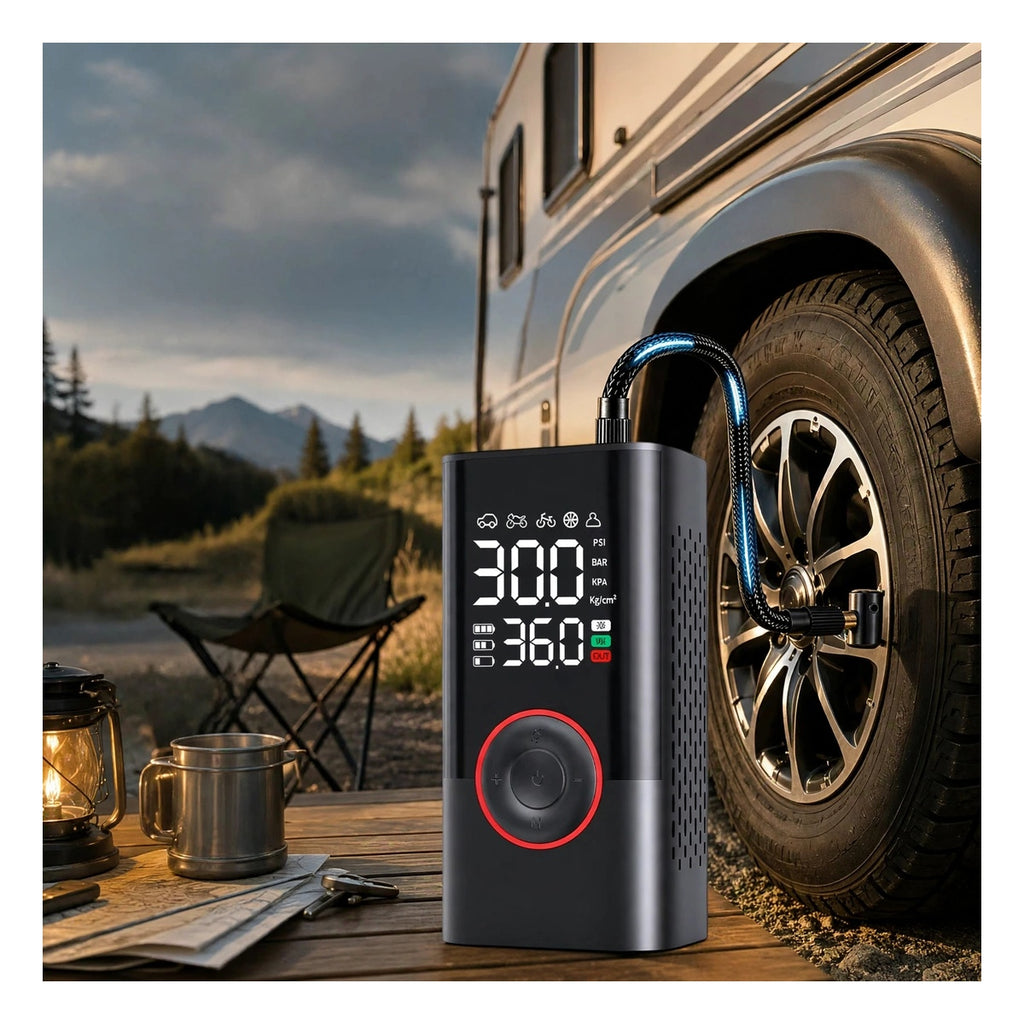 Cordless Tire Inflator Air Compressor 200PSI - LCD Gauge - Bike Car Motorcycle Ball