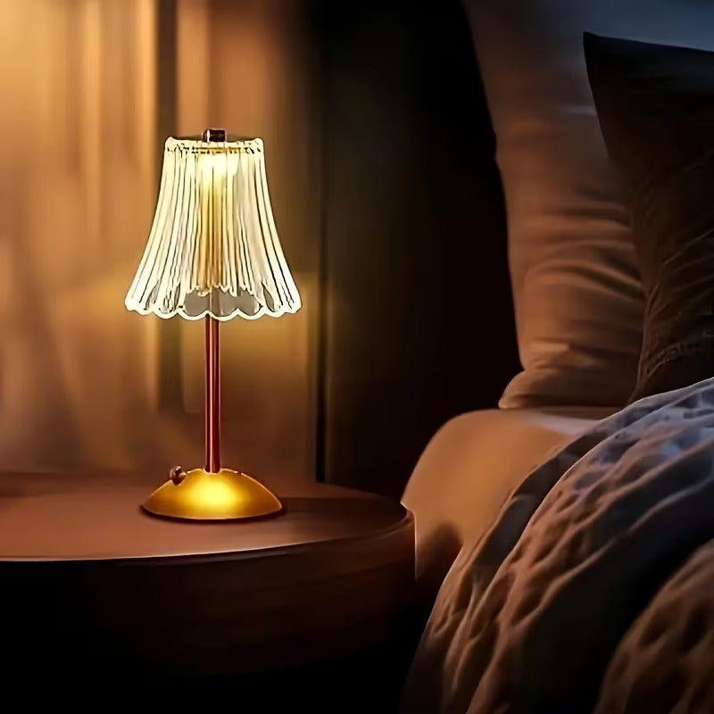 Gold Crystal Table Lamp - Ribbed Glass Table Lamp with Brass Base, Rechargeable