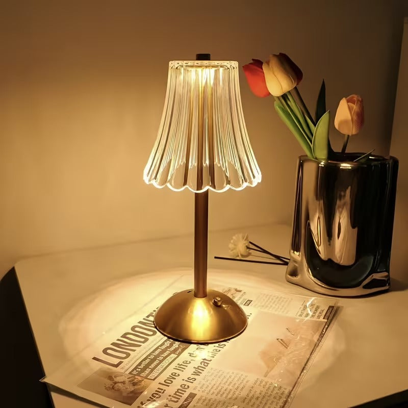 Gold Crystal Table Lamp - Ribbed Glass Table Lamp with Brass Base, Rechargeable