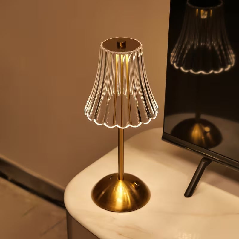 Gold Crystal Table Lamp - Ribbed Glass Table Lamp with Brass Base, Rechargeable