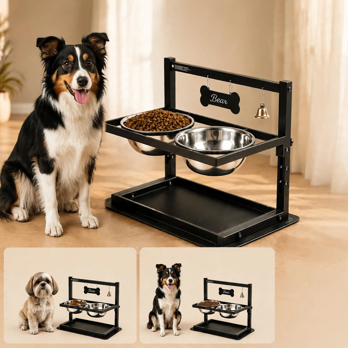Adjustable Elevated Dog Bowls Stand - 2 Stainless Steel Bowls