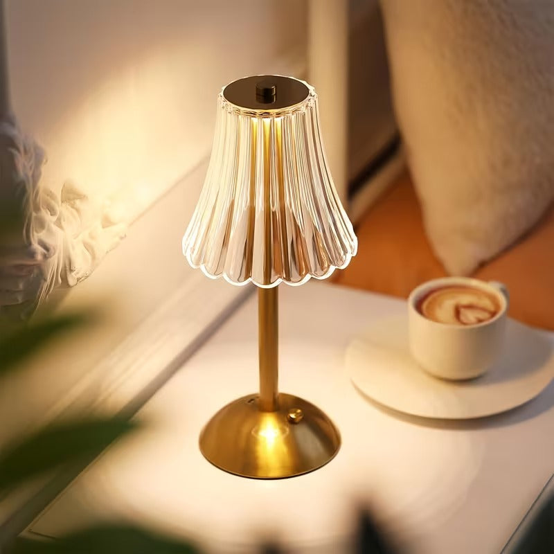 Gold Crystal Table Lamp - Ribbed Glass Table Lamp with Brass Base, Rechargeable