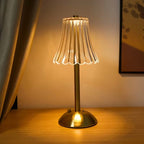 Gold Crystal Table Lamp - Ribbed Glass Table Lamp with Brass Base, Rechargeable