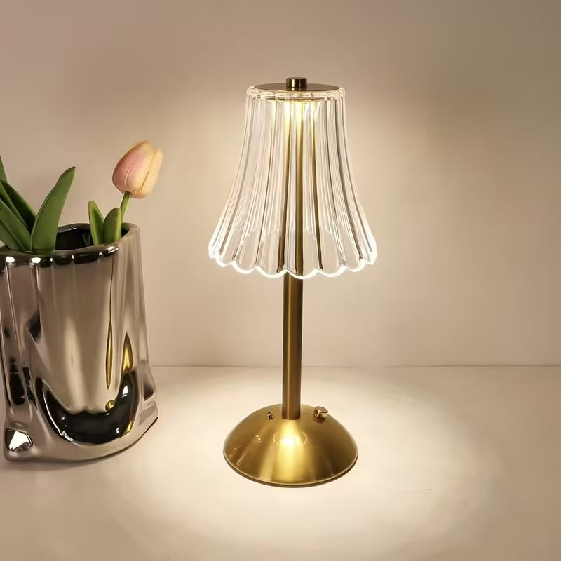 Gold Crystal Table Lamp - Ribbed Glass Table Lamp with Brass Base, Rechargeable