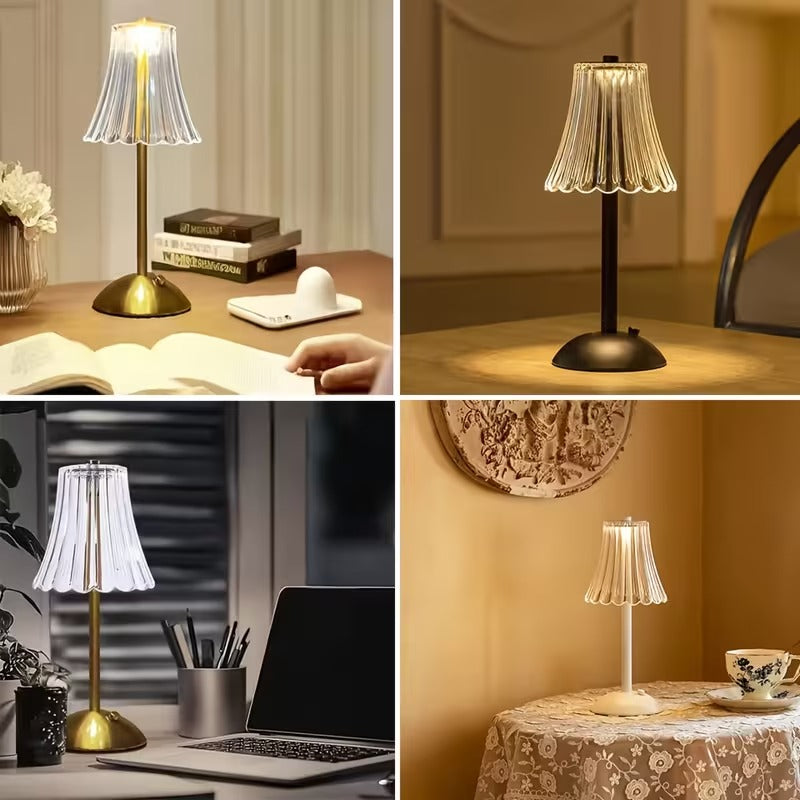 Gold Crystal Table Lamp - Ribbed Glass Table Lamp with Brass Base, Rechargeable