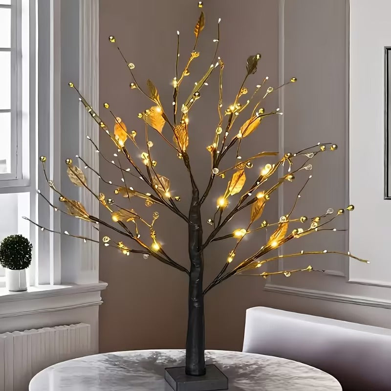 Lighted Tree Lamp - Golden Leaf Table Lamp with Warm LED Lights, USB/Battery Powered
