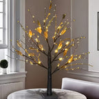 Lighted Tree Lamp - Golden Leaf Table Lamp with Warm LED Lights, USB/Battery Powered