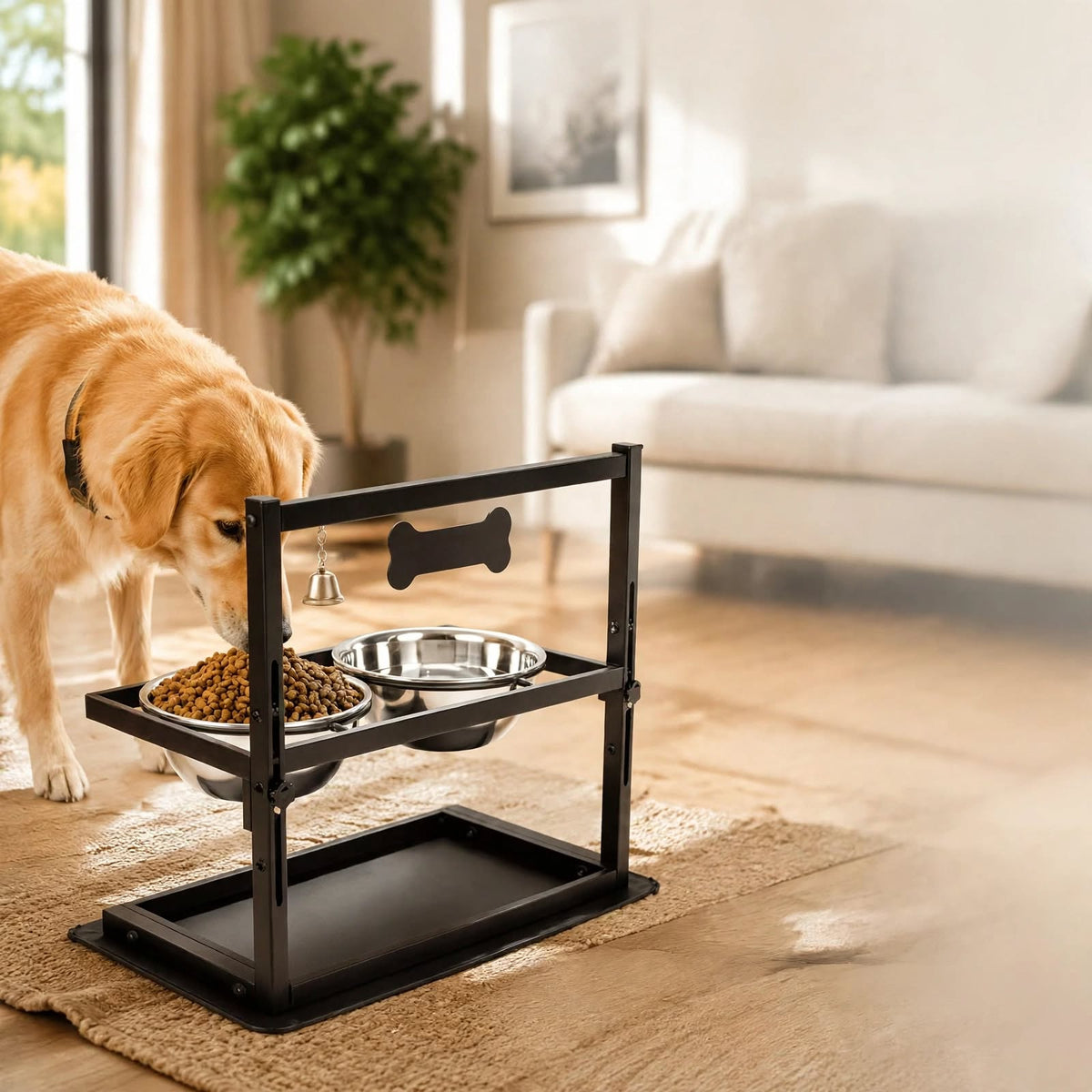 Adjustable Elevated Dog Bowls Stand - 2 Stainless Steel Bowls