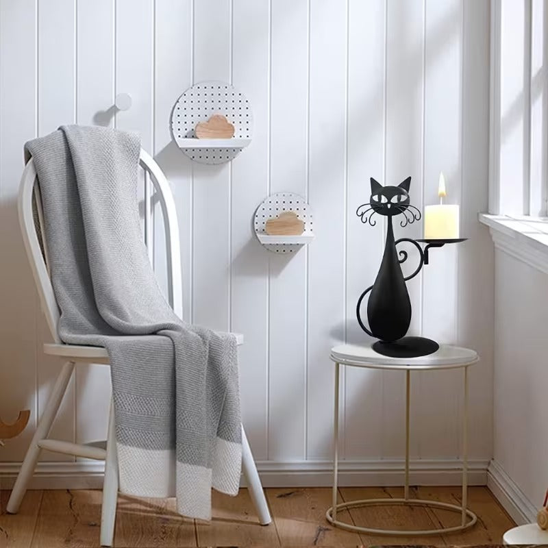 Black Cat Candle Holder - Metal Cat Candlestick for Farmhouse Decor, Desktop Centerpiece