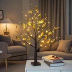 Lighted Tree Lamp - Golden Leaf Table Lamp with Warm LED Lights, USB/Battery Powered