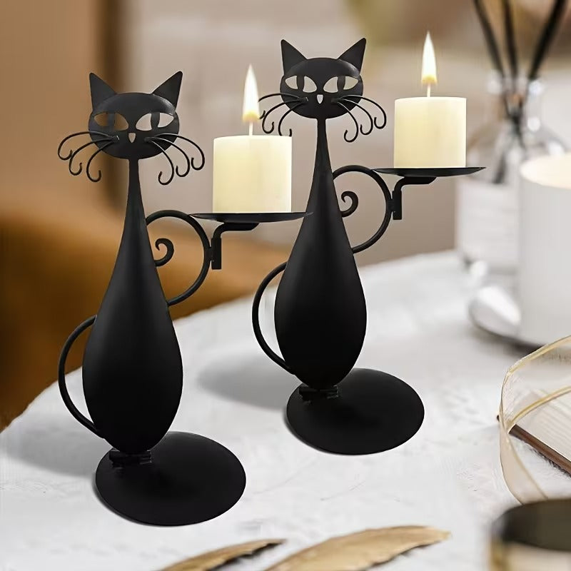 Black Cat Candle Holder - Metal Cat Candlestick for Farmhouse Decor, Desktop Centerpiece