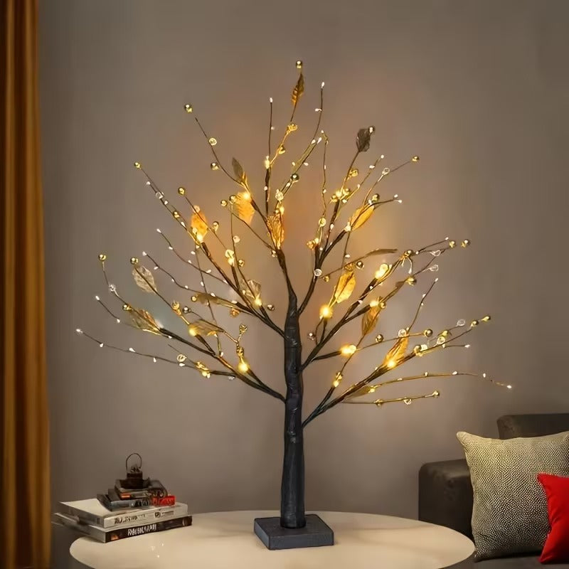 Lighted Tree Lamp - Golden Leaf Table Lamp with Warm LED Lights, USB/Battery Powered