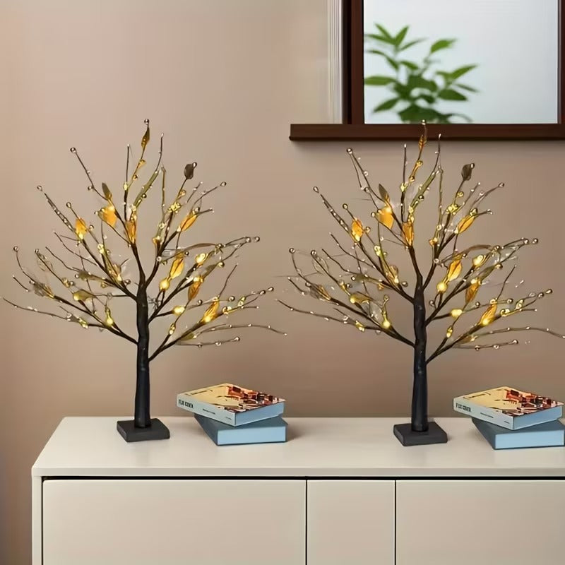 Lighted Tree Lamp - Golden Leaf Table Lamp with Warm LED Lights, USB/Battery Powered