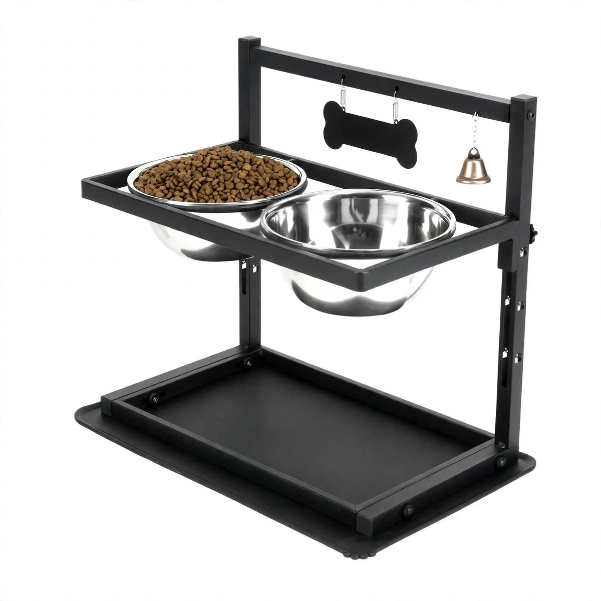 Adjustable Elevated Dog Bowls Stand - 2 Stainless Steel Bowls