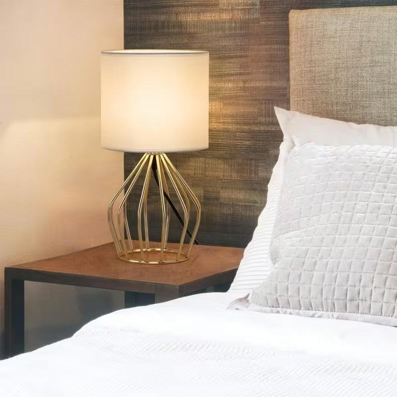 Golden Table Lamp - Modern Bedside Lamp with Hollowed-Out Gold Base, Linen Shade