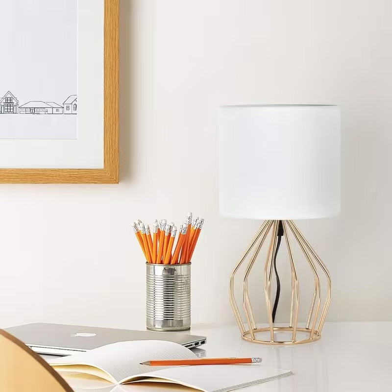 Golden Table Lamp - Modern Bedside Lamp with Hollowed-Out Gold Base, Linen Shade