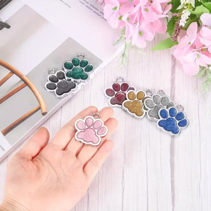 Glitter Dog Paw ID Tag - Alloy - Paw Print Pendant - For Dog Collar