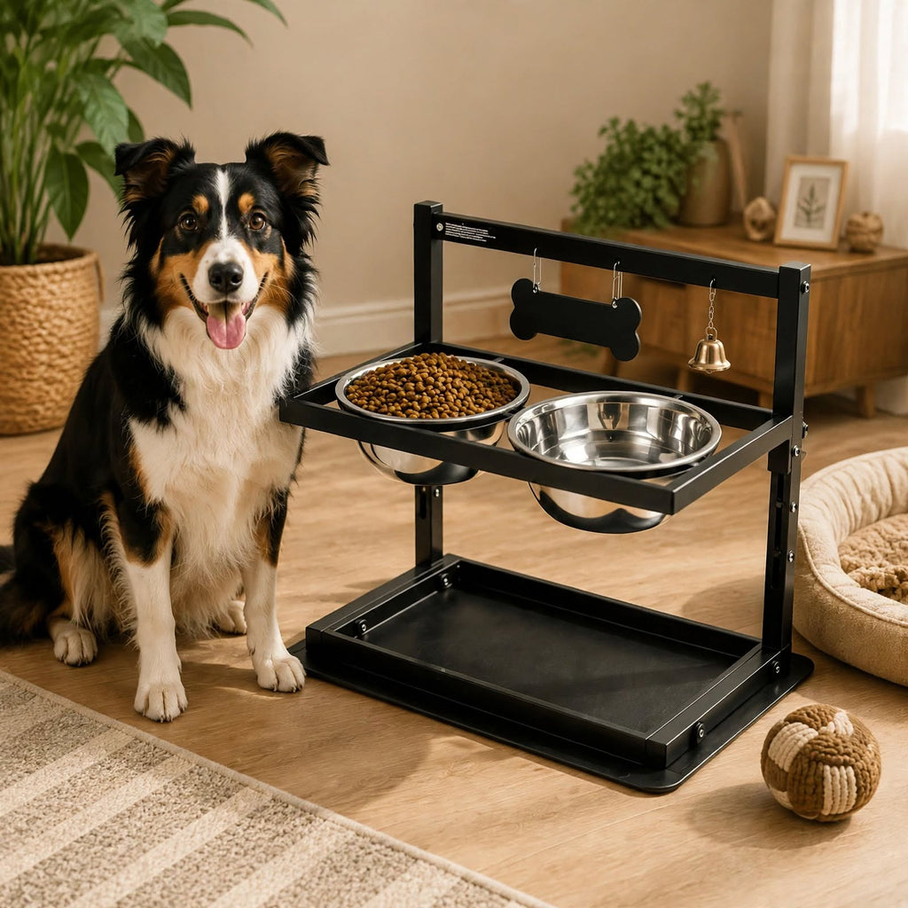 Adjustable Elevated Dog Bowls Stand - 2 Stainless Steel Bowls