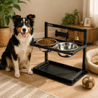 Adjustable Elevated Dog Bowls Stand - 2 Stainless Steel Bowls