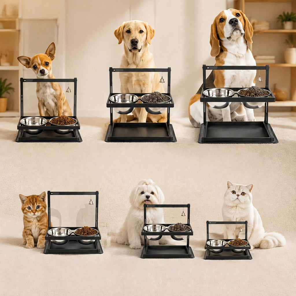 Adjustable Elevated Dog Bowls Stand - 2 Stainless Steel Bowls