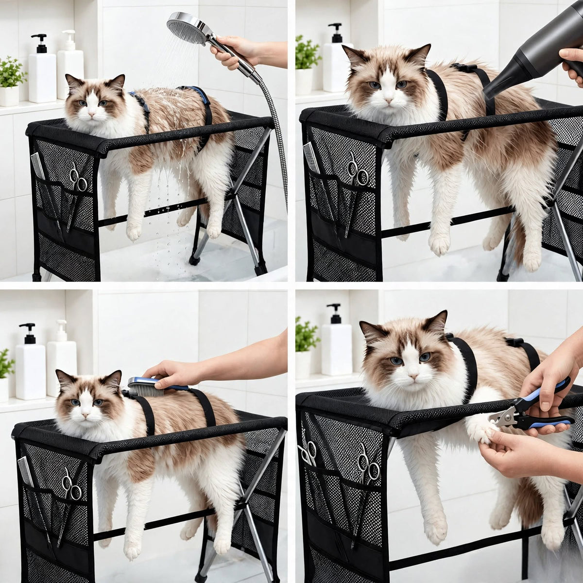 Pet Grooming Hammock With Stand - Foldable Mesh -  For Cats & Small Dogs
