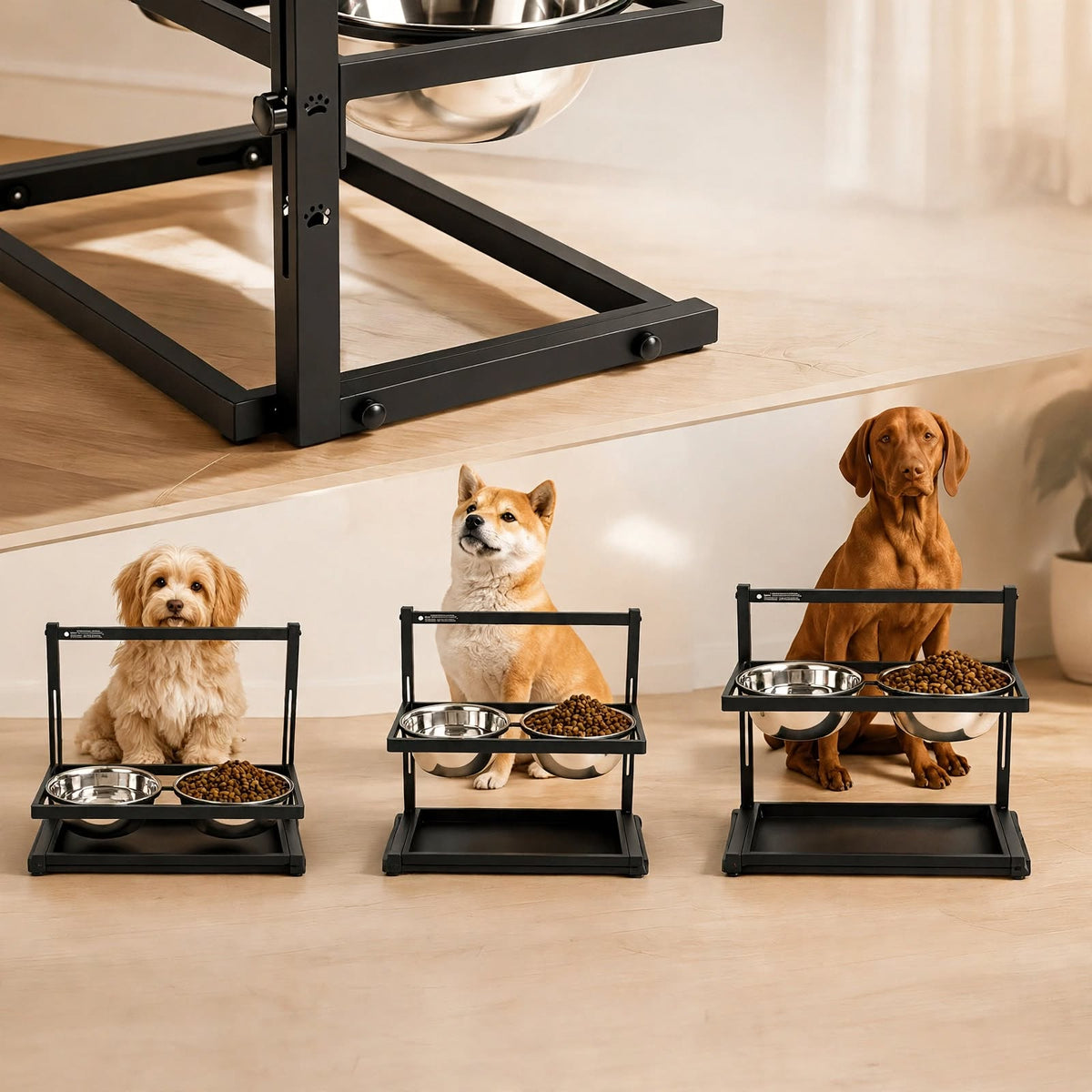 Adjustable Elevated Dog Bowls Stand - 2 Stainless Steel Bowls