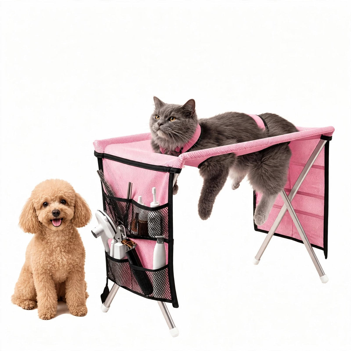 Pet Grooming Hammock With Stand - Foldable Mesh -  For Cats & Small Dogs