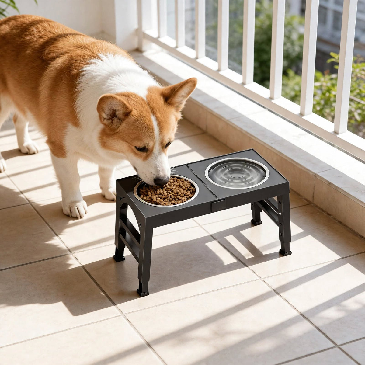 Elevated Dog Bowl Stand - 2 Stainless Steel Bowls - 4 Heights