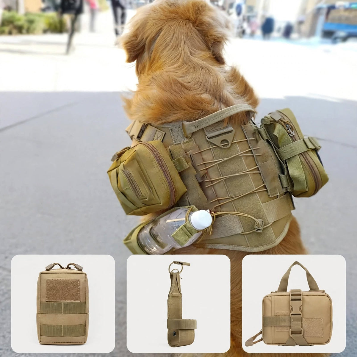 3Pcs Tactical Dog Harness Pouch Set - Molle Pouches + Bottle Holder