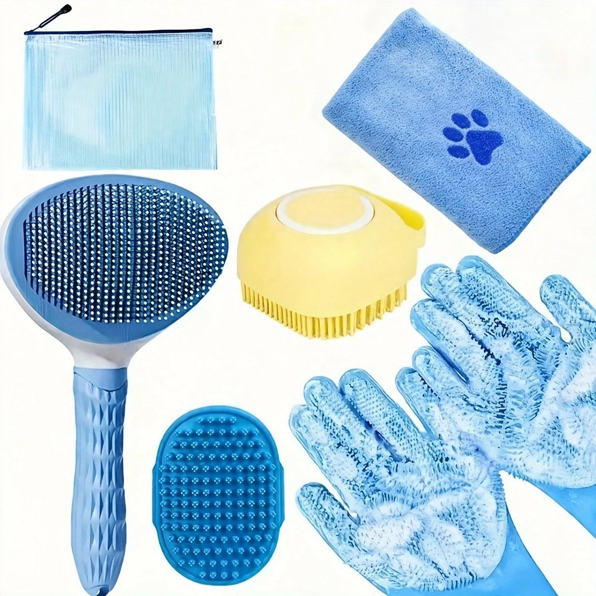 6pcs Pet Grooming Kit - Brush, Towel, Gloves - Dog & Cat