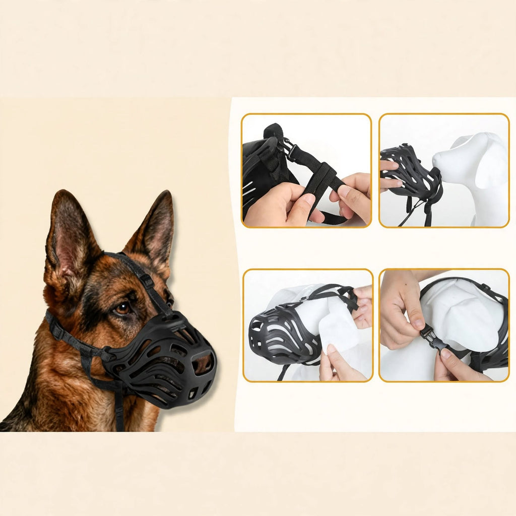 Soft Silicone Dog Muzzle - Adjustable Basket - Breathable - Black