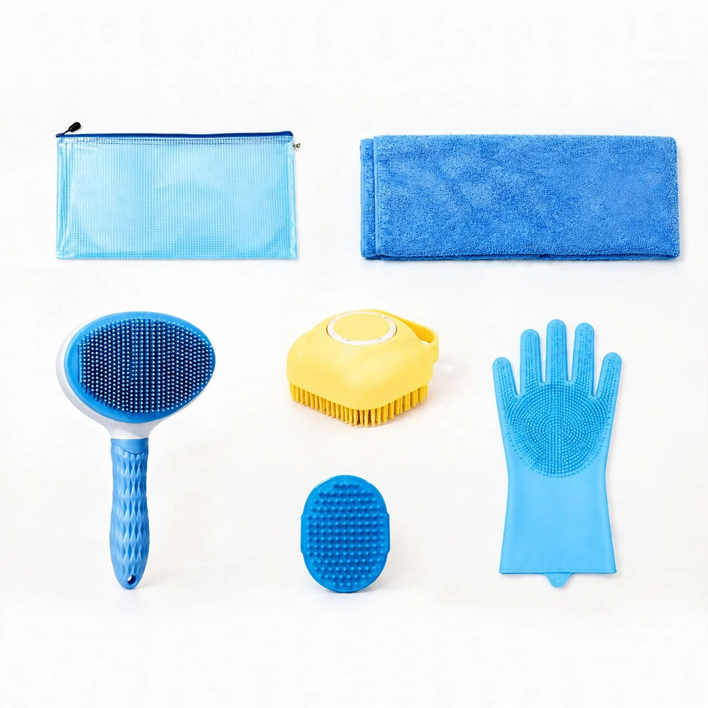 6pcs Pet Grooming Kit - Brush, Towel, Gloves - Dog & Cat