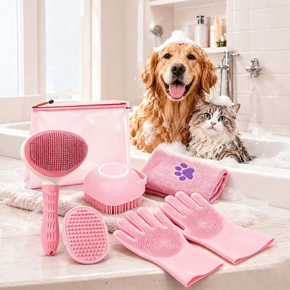 6pcs Pet Grooming Kit - Brush, Towel, Gloves - Dog & Cat