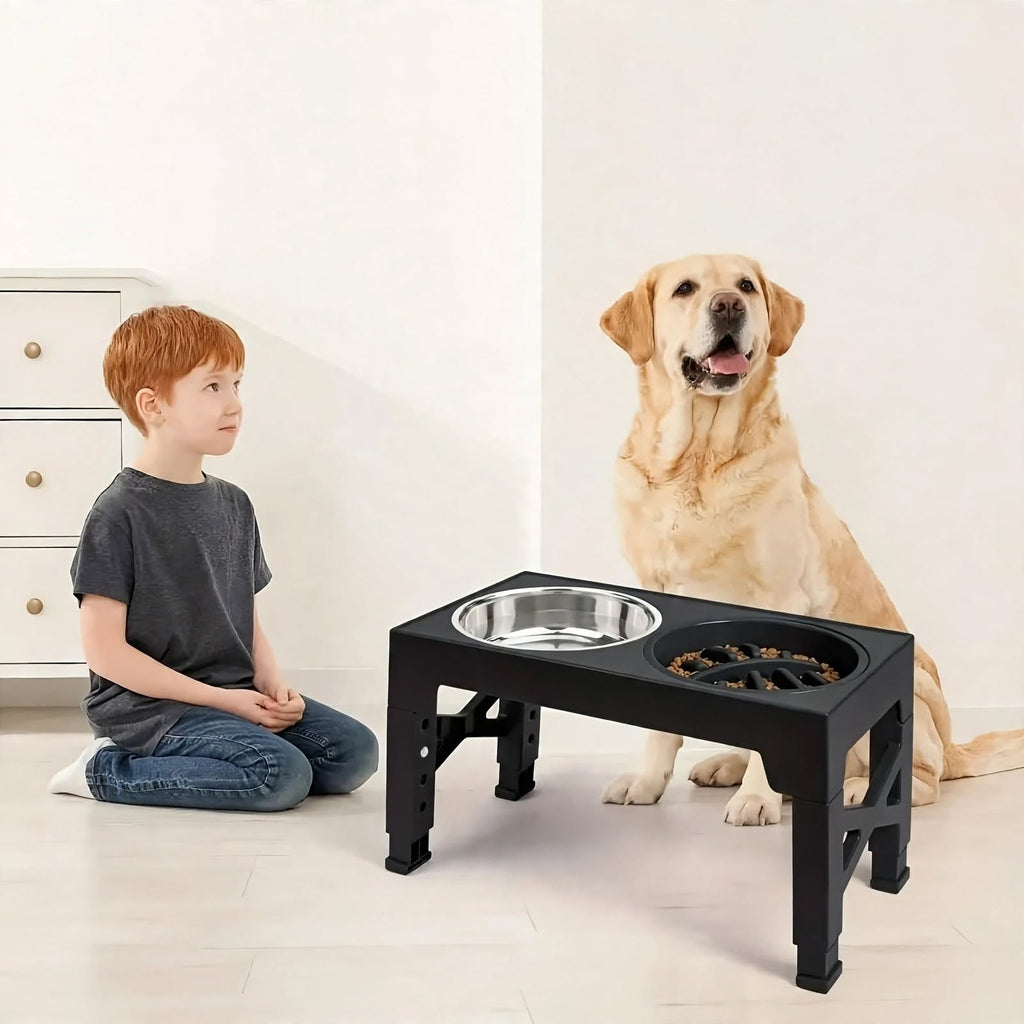 Adjustable Elevated Dog Bowls Stand - 5 Heights - Slow Feeder + Steel