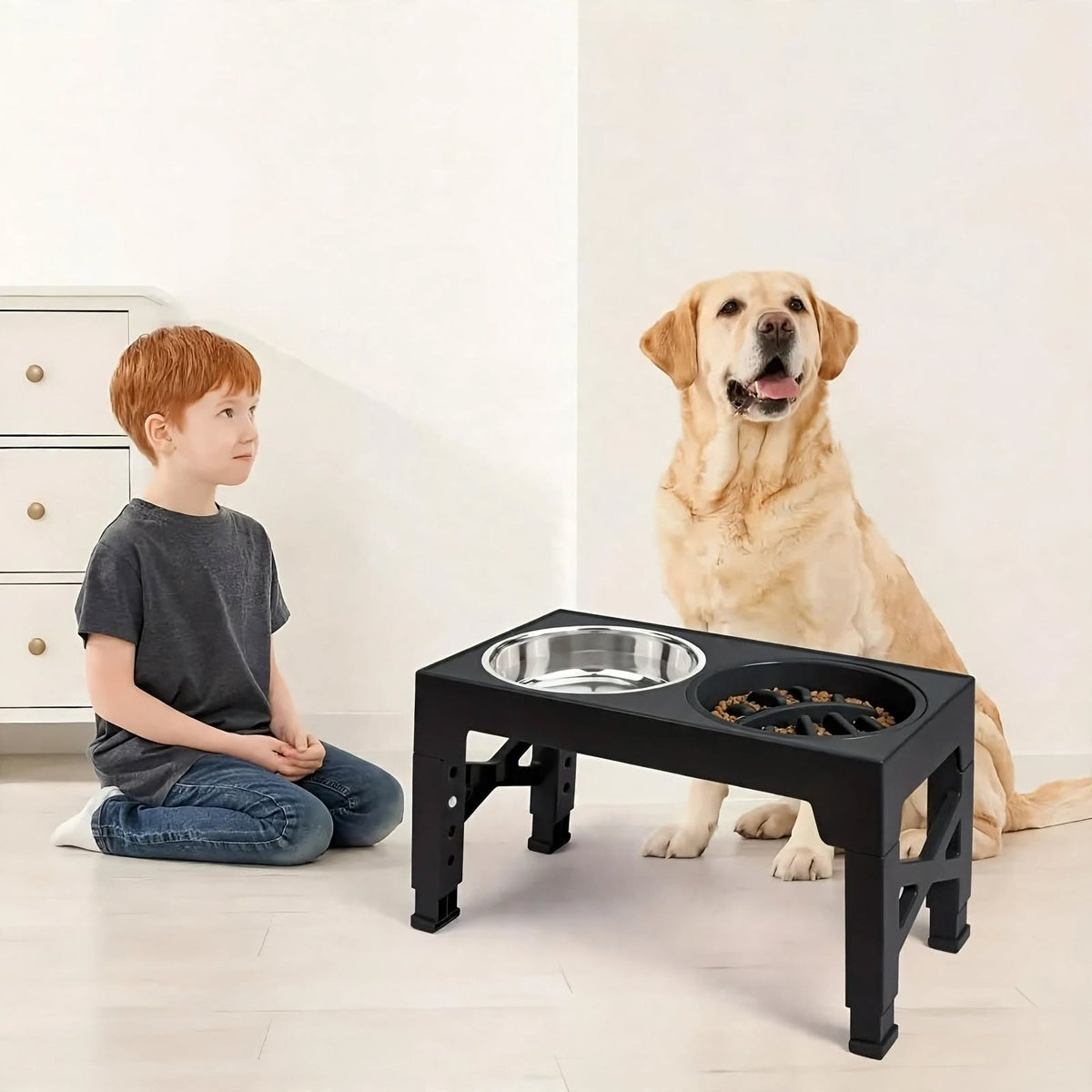 Adjustable Elevated Dog Bowls Stand - 5 Heights - Slow Feeder + Steel