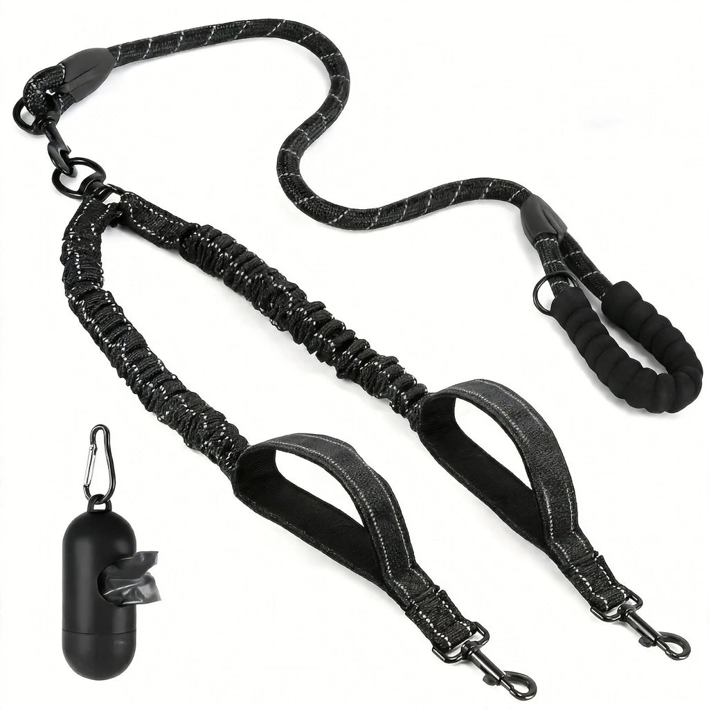 Reflective Double Dog Leash - 2 Traffic Handles - Bungee - No Tangle