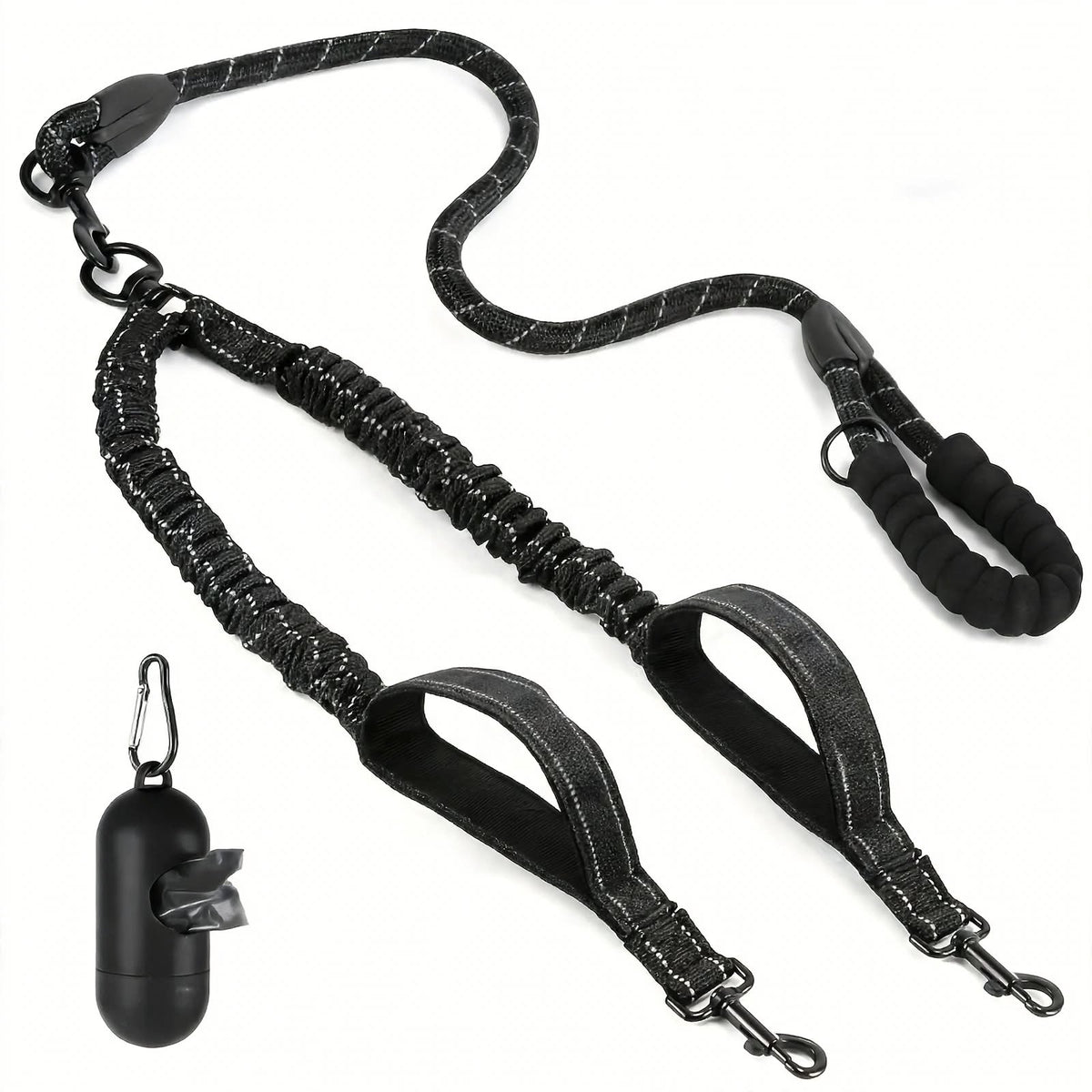 Reflective Double Dog Leash - 2 Traffic Handles - Bungee - No Tangle