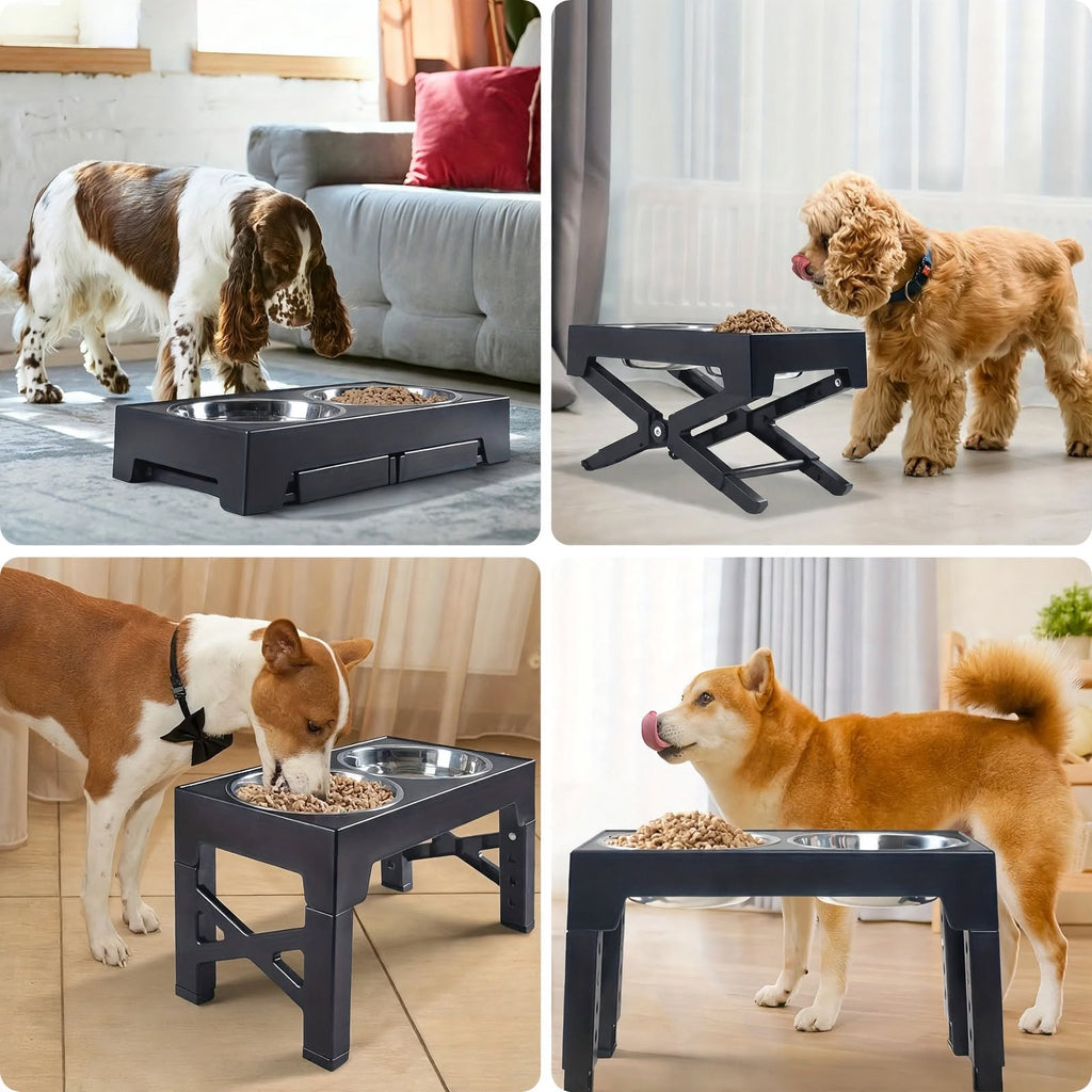 Adjustable Elevated Dog Bowls Stand - 5 Heights - Slow Feeder + Steel