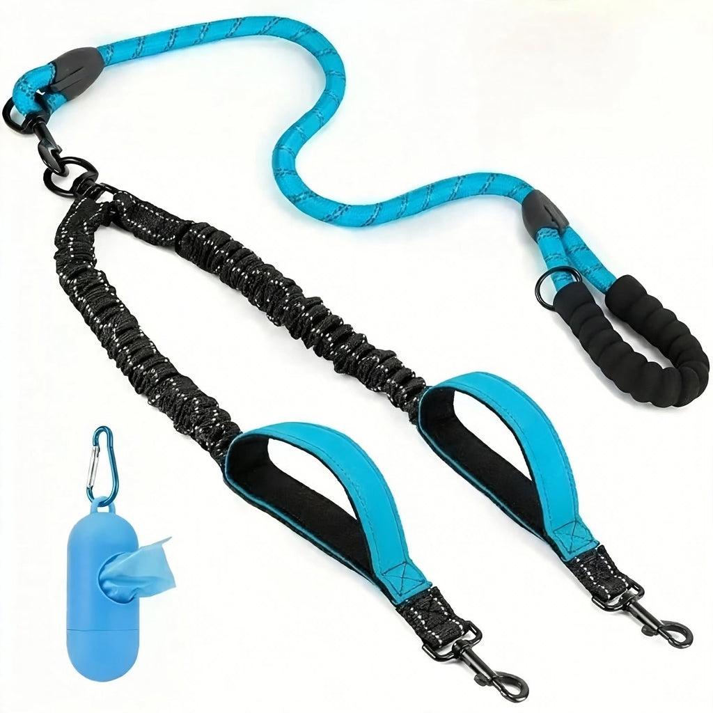 Reflective Double Dog Leash - 2 Traffic Handles - Bungee - No Tangle