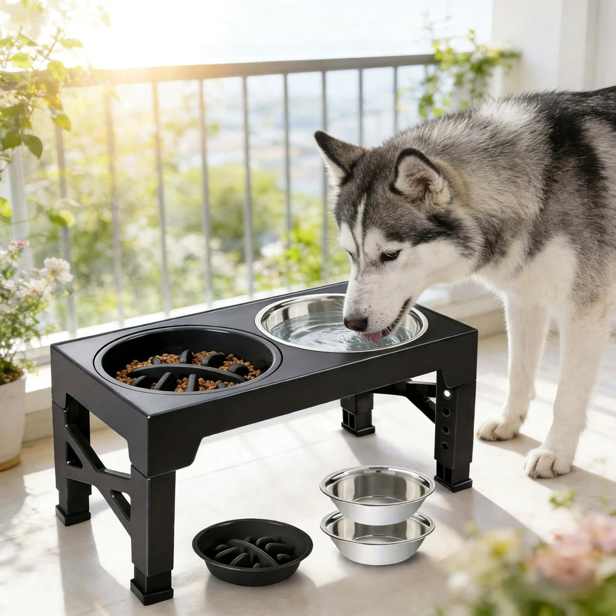 Adjustable Elevated Dog Bowls Stand - 5 Heights - Slow Feeder + Steel