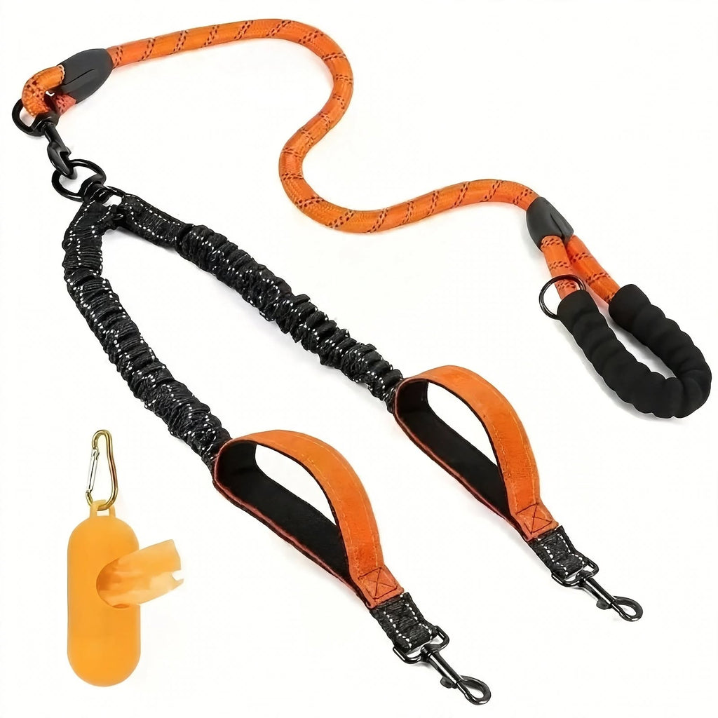 Reflective Double Dog Leash - 2 Traffic Handles - Bungee - No Tangle