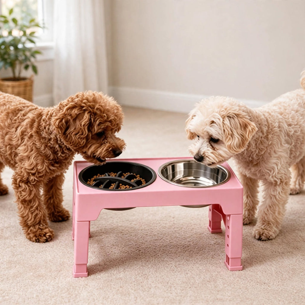 Adjustable Elevated Dog Bowls Stand - 5 Heights - Slow Feeder + Steel