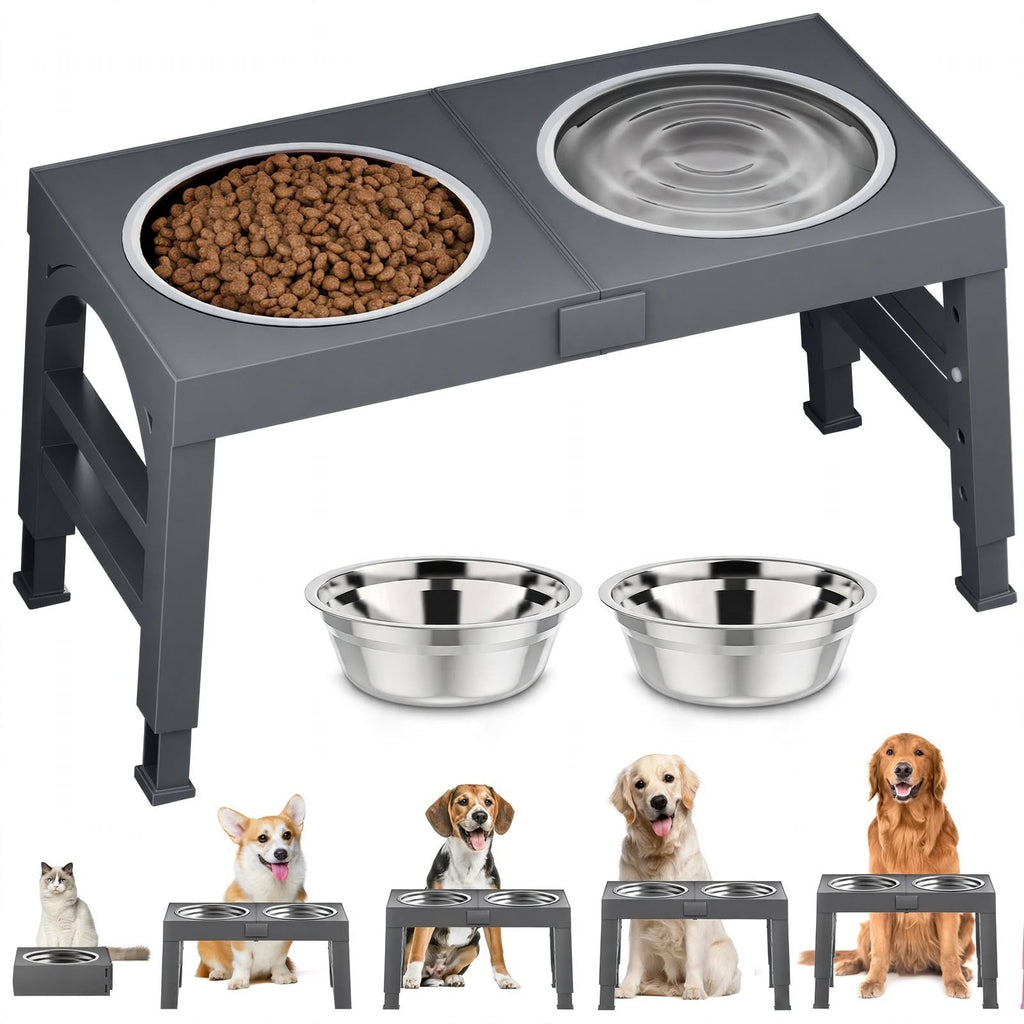 Elevated Dog Bowl Stand - 2 Stainless Steel Bowls - 4 Heights