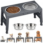 Elevated Dog Bowl Stand - 2 Stainless Steel Bowls - 4 Heights